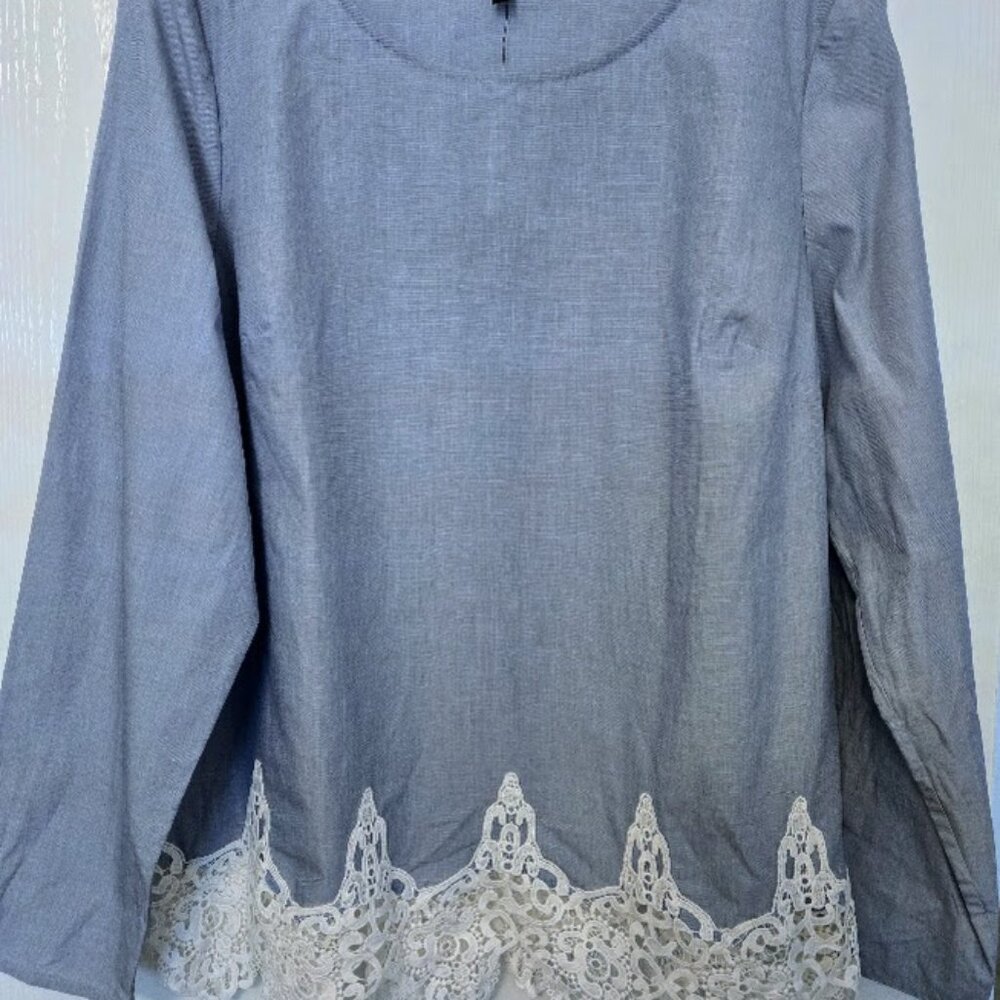 Talbots light blue cotton chambray L/S tunic top with lace‎ trim NWT Size XL
